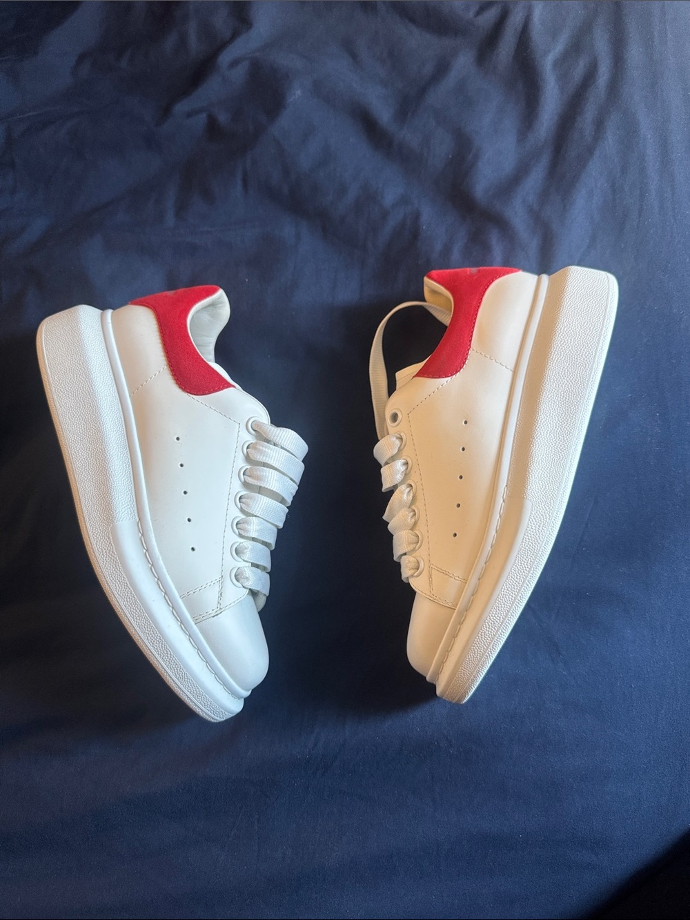 White Platform Sneakers with Red Heel Accent